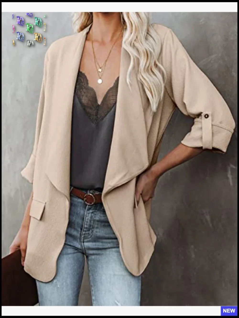 Casual Blazer Jacket Roll Up Sleeves Open Front Work Office Business Chic